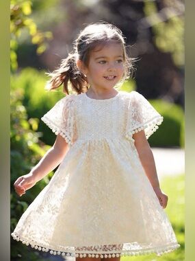 2Bunnies Mauve Pink Boho Lace Dress 4T Flower Girl Rustic Pom Trim